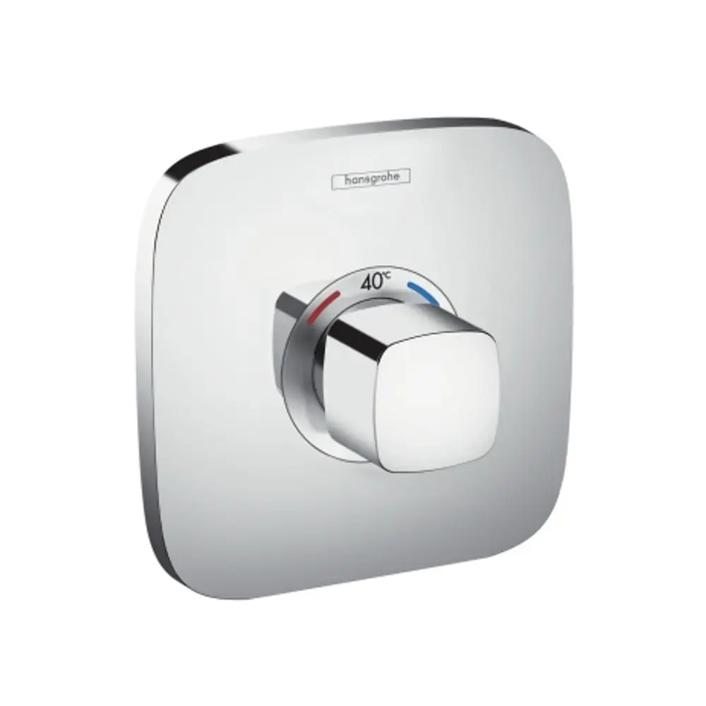 Thermostat von Hansgrohe mit runder, glänzender Oberfläche und Temperaturanzeige bis 40°C, ausgestattet mit einem quadratischen Bedienknopf und einer minimalistischen Wandmontage.